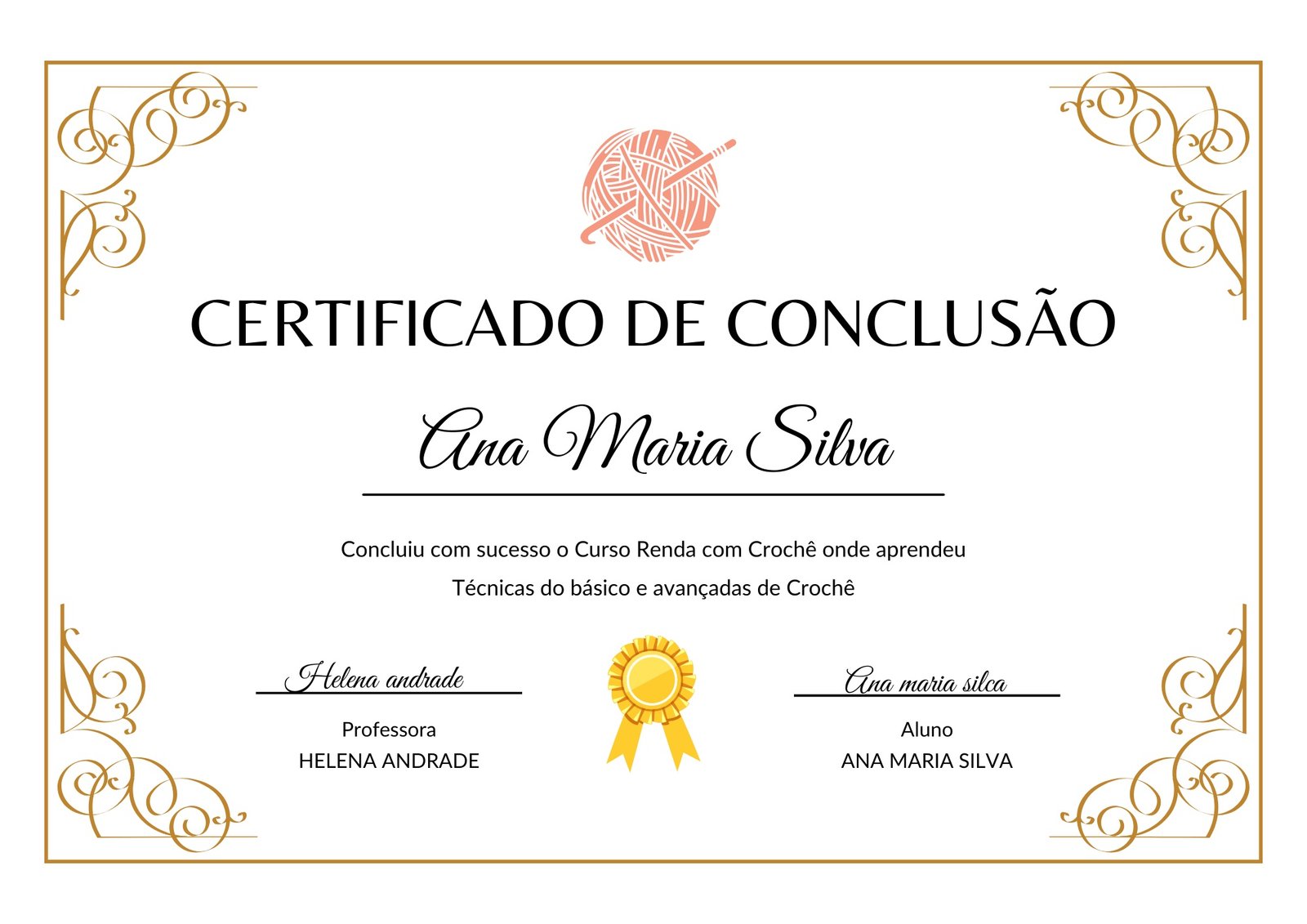 Exemplo de certificado de conclusão do Curso Renda com Crochê
