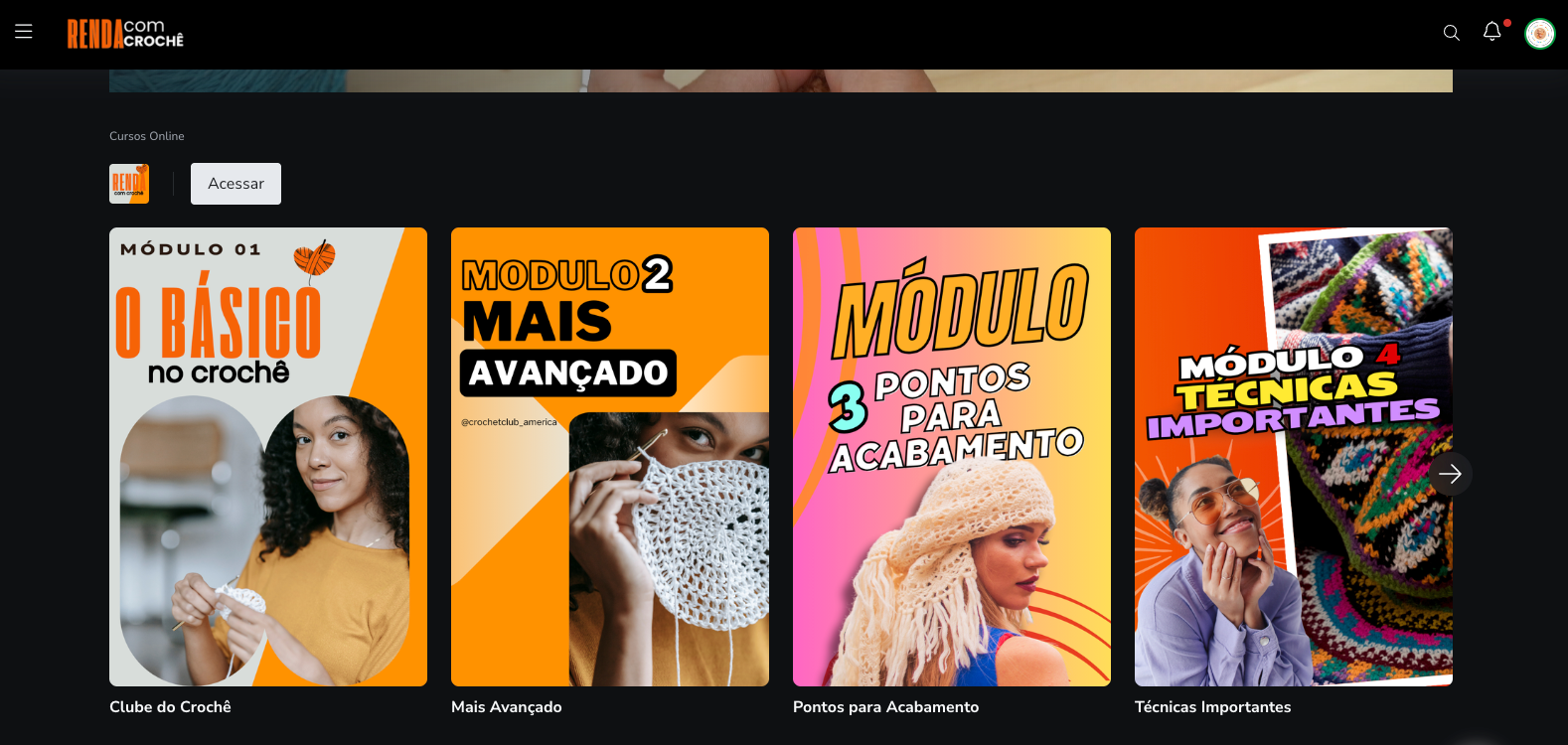 Área de membros do Renda com Crochê, com a lista de módulos do curso